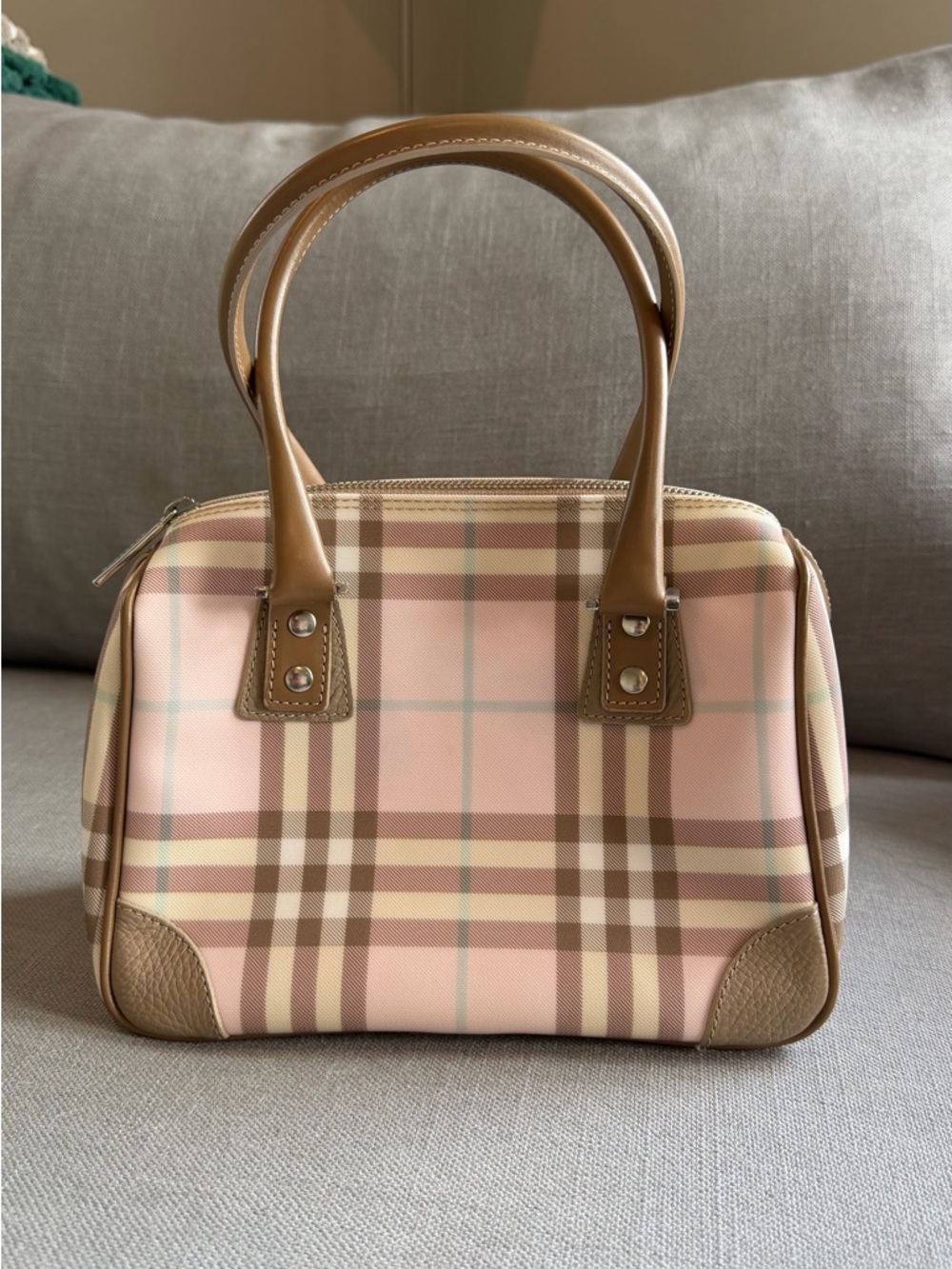 Burberry Pink Plaid Satchel with Tan Leather Handles